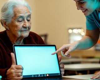 Volunteer guiding a senior on joining a video call, with clear instructions on screen